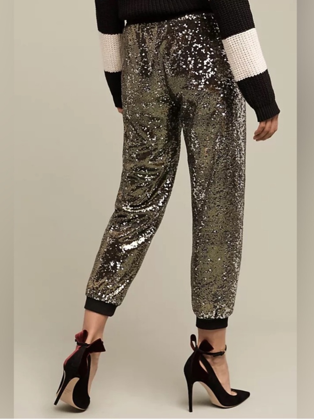 NEW! Anthropologie Harlyn Oro Sequin Joggers Gold Silver Black Size M